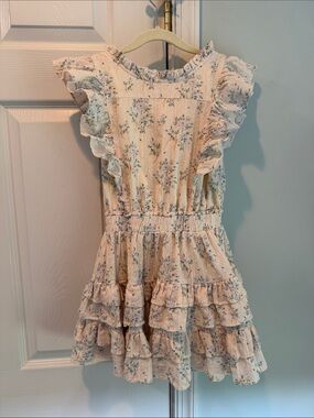 Girls' Cream Floral Ruffle Tiered Dress with Blue Accents